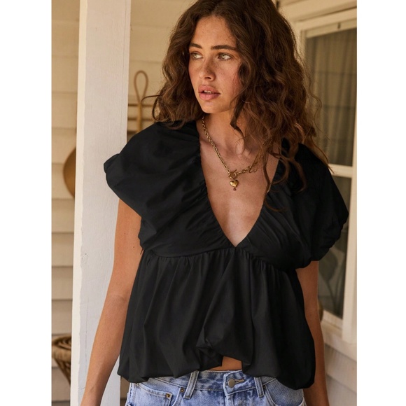 Puff Top in Black V-Neck Short Sleeve Tie Back Babydoll Style - Picture 6 of 8